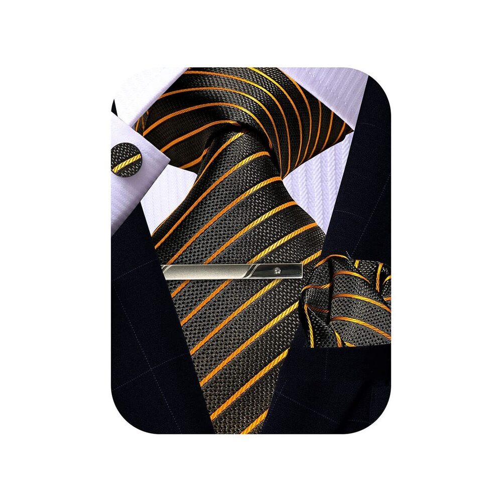 4011 Rust Gold Black Tie Pocket Square Cufflinks Clip Set, Silk Woven